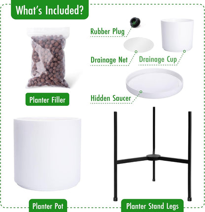 D'vine Dev Modern White Plants Pot Cylinder Planter with Heavy Duty Stand, Medium 10 Inch Pot, 16.3 Inch with Stand Height, 96-T-A-2