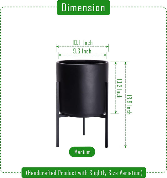 D'vine Dev Modern Black Plants Pot Cylinder Planter with Heavy Duty Stand, Medium 10 Inch Pot, 16.3 Inch with Stand Height, 96-T-B-2