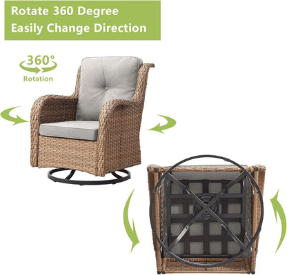 Outdoor Wicker Patio Furniture Set - 5 Piece Rattan Patio Conversation Set with 2 Rocking Swivel Chairs,2 Ottomans and 1 Sofa for Porch Deck Backyard Garden(Yellow/Beige)