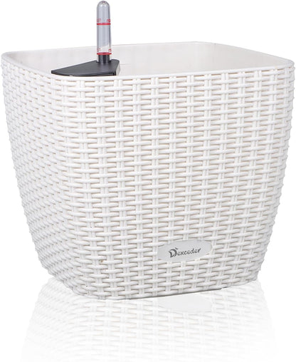 Dexceder 9x8 Self Watering Planter Indoor Outdoor, Inner Mat Design, Thickened Table Flower Plant Pot with Water Level Indicator (Ivory White Rattan)