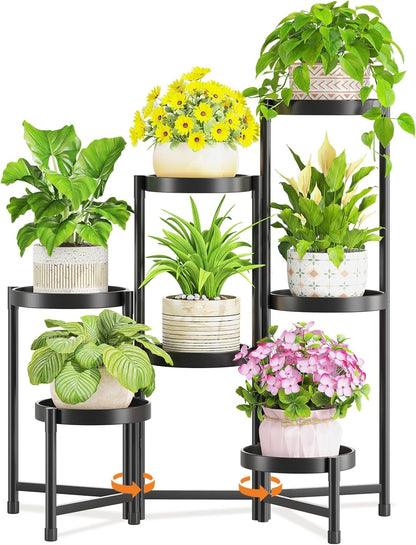 LASZOLA 7 Tiered Folding Plant Stand Indoor for Multiple Large Planter, Tall Heavy Duty Adjustable Rack with Rust Proof 10 Inch Wide Tray, Sturdy Vertical Tree Organizer for Narrow Inside Floor, Black