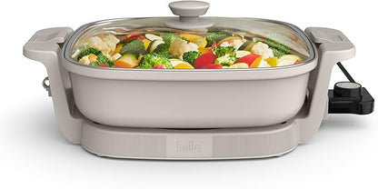 bella Make & Take Electric Skillet, Fits-anywhere™ kitchenware, EverGood™ Ceramic Coating, Adjustable Temperature & Dishwasher-Safe Tempered Glass Lid, Cast Aluminum Base, 1200 Watt, Oatmilk
