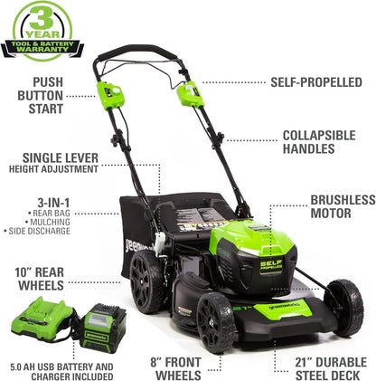 Greenworks 40V 21" Self-Propelled Lawn Mower,Axial Leaf Blower(500 CFM / 120 MPH),13" String Trimmer, 160 PSI Portable Tire Inflator, Includes 2 Batteries(5Ah+2Ah) & Chargers
