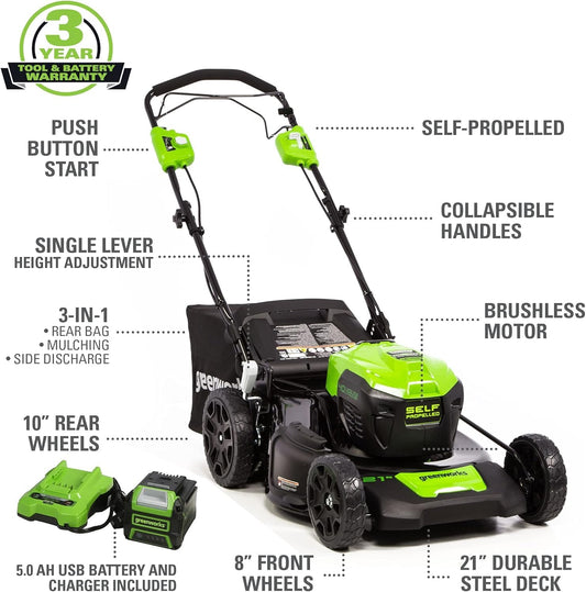 Greenworks 40V 21" Self-Propelled Lawn Mower,Axial Leaf Blower(500 CFM / 120 MPH),13" String Trimmer, 160 PSI Portable Tire Inflator, Includes 2 Batteries(5Ah+2Ah) & Chargers