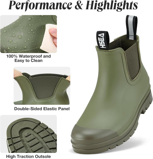 HISEA Women's Short Rain Boots Waterproof Garden Shoes Rubber Chelsea Boots Anti-Slipping Rainboots for Ladies with Comfort Insole Lightweight Stylish Ankle Rain Shoes Outdoor Work Booties