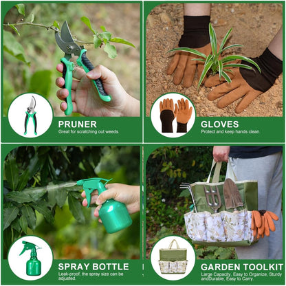9-Piece Premium Gardening Tool Set for Women - Heavy Duty Stainless Steel Rust-Proof Tools with Fashion Storage Tote | Perfect Gardening Gifts for Mom, Mother's Day, Birthday & Outdoor (Green)
