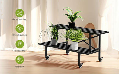 Zhongma 2 Tier Sturdy Metal Plant Stand with Wheels, L35.43 x W17.5 x H16.14 inch, Heavy Duty Plant Holder for Home Indoor and Outdoor,440 LBS Capacity & Heavy Duty Construction