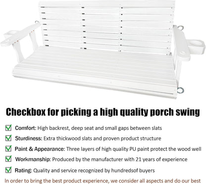 Wooden Porch Swing 3-Seater, High Backrest and Deep Seat, Bench Swing with Cupholders, Hanging Chains and 7mm Springs, Heavy Duty 880 LBS, for Outdoor Patio Garden (Pure White, 5 FT Extra Large)