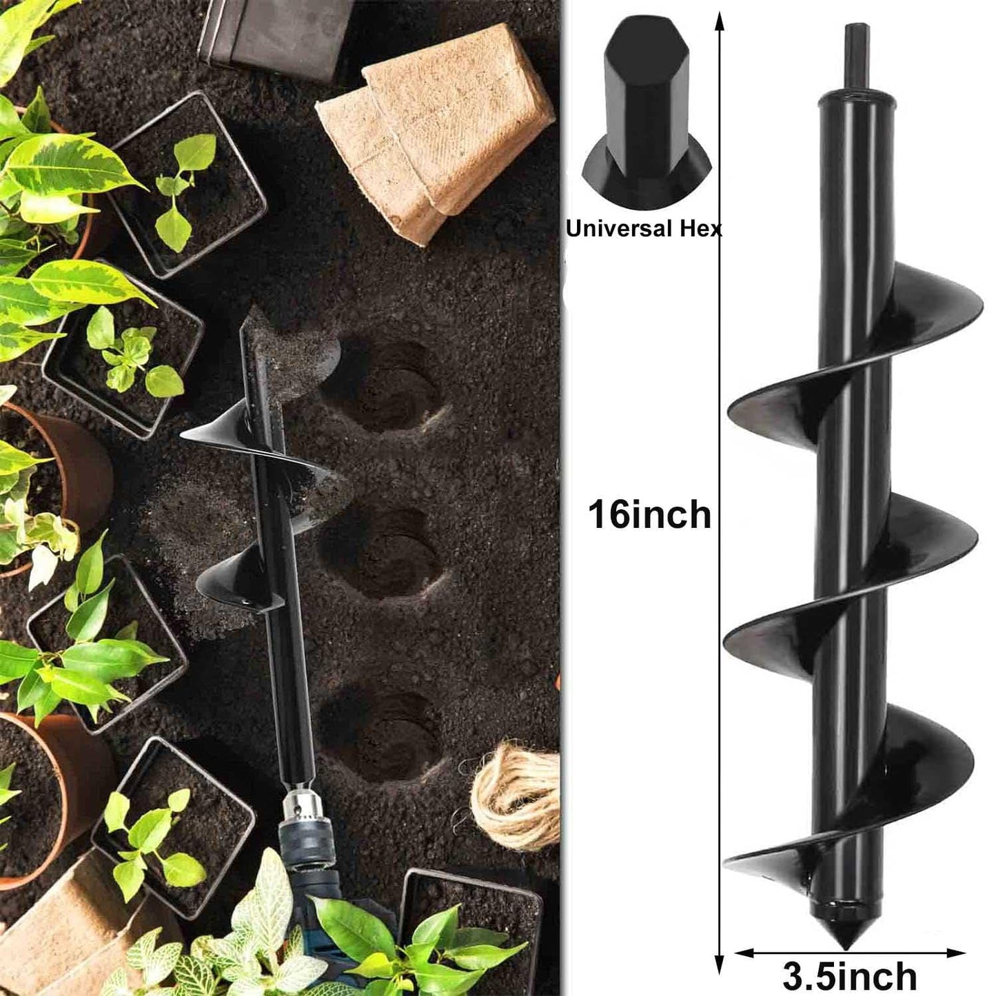 Auger Drill Bits for Planting 3x16.5in and 2x32in Solid Shaft Plant Flower Bulb Auger Spiral Hole Drill Rapid Planter Earth Post Umbrella Hole Digger for 3/8" Hex Drive Drill (2, 3"x16.5"+2" x32in)