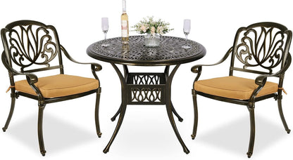 MEETWARM 3 Piece Patio Bistro Set, Outdoor All-Weather Cast Aluminum Dining Furniture Set Includes 2 Cushioned Chairs and a 35.4” Round Table with Umbrella Hole for Garden Deck