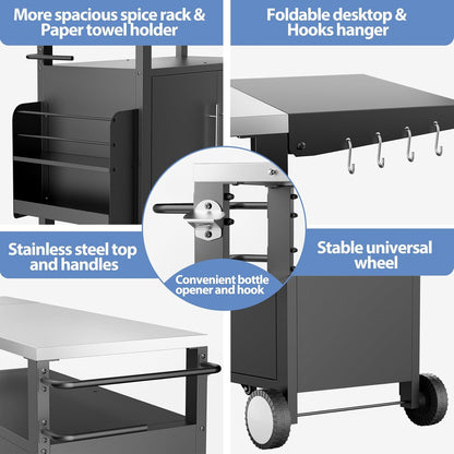 ROOMTEC Outdoor Grill Cart with Storage,Patio Kitchen Island with WheelsHooks and Spice Rack,Waterproof Outdoor Grill Table,Movable BBQ Serving Cart Rolling Bar Cart for Home Party Bar