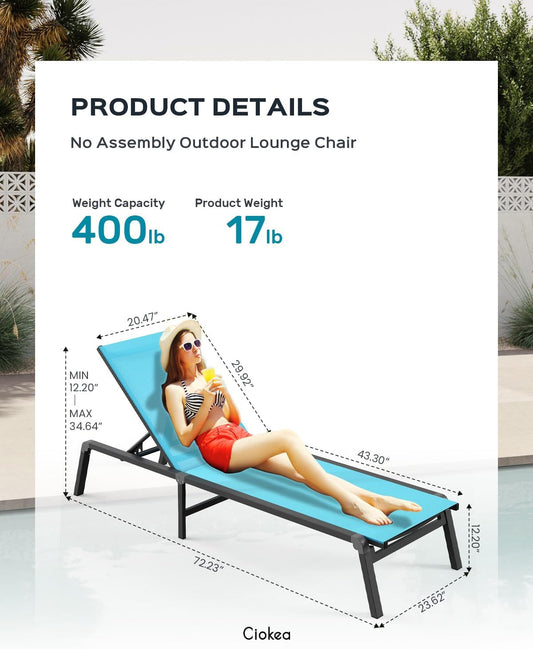Aluminum Chaise Lounge Ourdoor - Foldable & Assemble Free Outdoor Lounge Chair with 5 Adjustable Backrest, Patio Lounge Chair for Outside Poolside Beach Pool, Lake Blue
