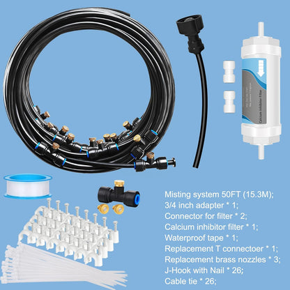 Misting System with Water Filter - Upgraded Signice 50 Ft (15.3M) Line & 12 Brass Mist Nozzles Outdoor Misters for Patio Cooling Mister Systems Kit for Outside Garden Backyard Greenhouse (Black)