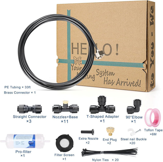 Misters for Outside Patio, 88ft Misting Line + Filter + 37 Brass Misting Nozzles +Brass Adapter(3/4") Misting System for Garden, Greenhouse, Trampoline and Chicken Coop