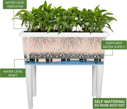Dexceder 13.2 Gallon Self Watering Raised Garden Bed with Ventilation Transparent Lid Greenhouse, Deepen Vegetable Flower Box Planter Pot with Removeble Legs & Water Level Indicator (White)