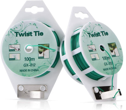 2 Reels 328 Feet (100m) Twist Tie, Green Coated Garden Plant Ties with Cutter for Gardening and Office Organization, Home