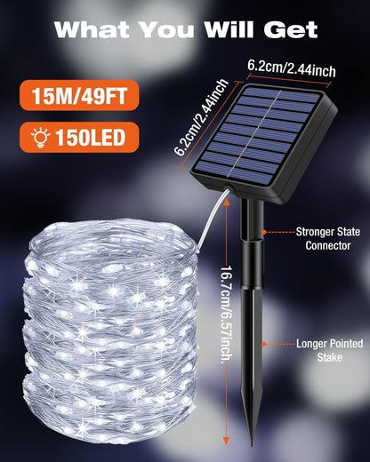 3 Pack Solar Fairy Lights for Outside Waterproof, 49FT/15M 150LED Solar String Light Outdoor 8 Modes Solar Twinkle Lights for Garden Yard Christmas Tree Wedding Party Decor, Cool White
