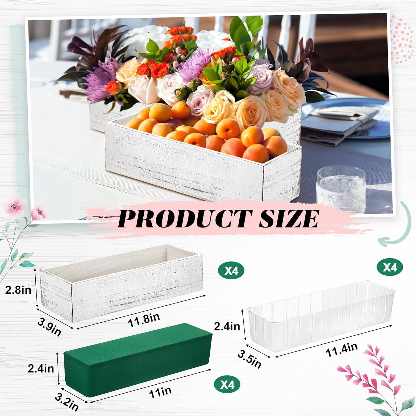 Dandat 4 Set Wood Boxes for Centerpieces 12x4 Inch Rectangle Wooden Planter Box Rustic Wooden Planters with Removable Plastic Liner Floral Foam Blocks for Home Wedding Garden Decor