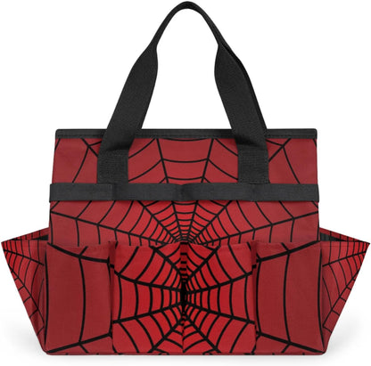 Spiders Web Red Gardening Tool Bag,Heavy Duty Garden Tote Bag,Portable Oxford Gardening Storage Basket Organizer Handbag with Pockets Handle,Hand Tools Gifts for Outdoor Garden Lawn
