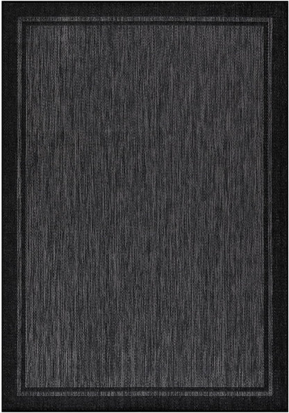 CAMILSON Indoor Outdoor Rug, 5x7 Bordered Dark Grey Black Modern Area Rugs for Indoor and Outdoor Patios, Kitchen and Hallway Mats, Washable Porch Deck Outside Carpet (Bordered Black, 5 x 7)