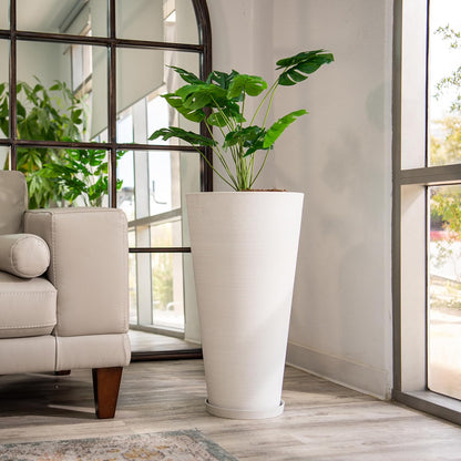XBrand Modern 28-Inch Tall Round Planter, Modern Tapered Planter Perfect for Indoor & Outdoor Planter, Patio Décor, White