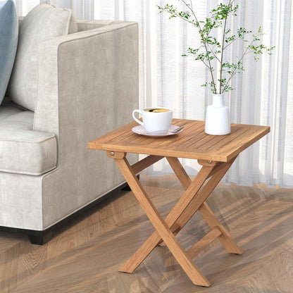Teak Wood Square Patio Side Table, Outdoor Side Table Waterproof Natural Wood, Sturdy Portable Bistro Table for Camping Deck Poolside