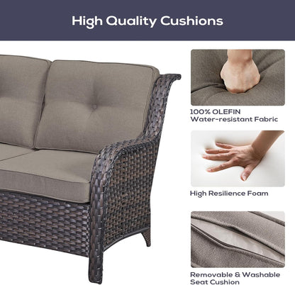 Outdoor Patio Furniture Set with 50000BTU Propane Fire Pit Table, 7 Pieces Wicker Patio Conversation Set with 2 Swivel Glider Rocker Chair Rattan Sofa Grey Cushion Perfect for Casual Gathering