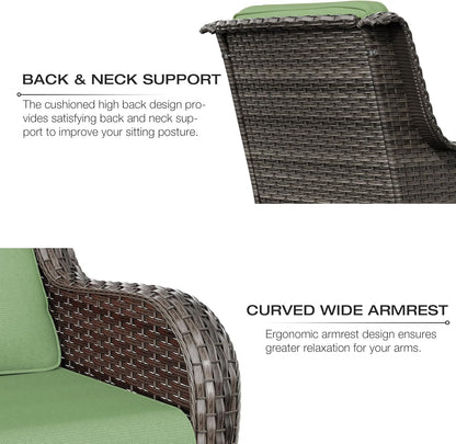 Joyside Outdoor Swivel Rocker Patio Chair and Matching Side Table - 2-Piece Wicker Patio Bistro Set with Premium Fabric Cushions (Brown Mixed with Grey/Green)