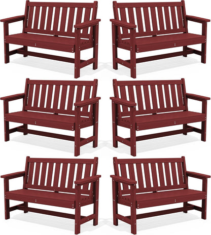 SERWALL Outdoor Bench, HDPE Outdoor Benches Weatherproof, 2-Person Garden Bench with 660 lbs Weight Capacity, Patio Benches for Outdoors, Garden, Porch, Backyard and Park, Red, 6 Pack