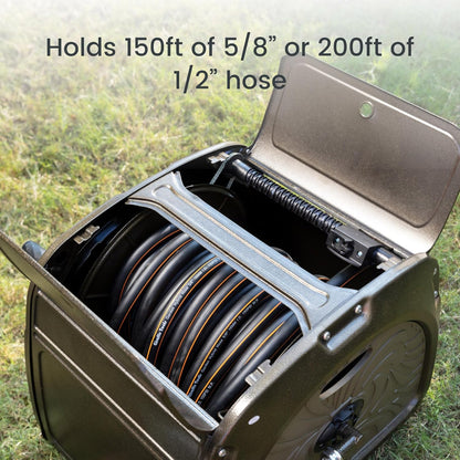 Giraffe Tools SW5 Metal Hose Reel Box, Heavy Duty Garden Hose Storage Reel Hideaway, Crank Handle, 150ft 5/8" Hose Capacity, Green