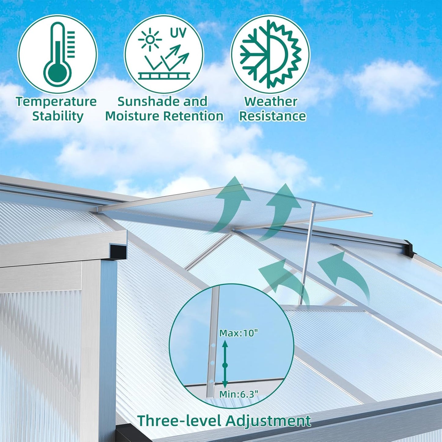 6x10 FT Greenhouse, Large Aluminum Greenhouses for Outdoors, Heavy Duty Polycarbonate Greenhouse with Roof Vent, Walk-in Green Houses for Winter Garden, Backyard, Patio, Lawn, Easy Assembly