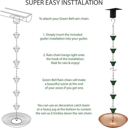 8.5FT Bell Iron Rain Chains for Gutter and Rain Barrel, Rust-Resistant Plated Garden Décor for Downspout, Bonus Rain Chain Gutter Adapter (Antique-Green)