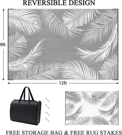 Pauwer Waterproof Outdoor Rug 9x12, Reversible Plastic Straw Patio Camping Rug, Indoor Outdoor RV Mat Carpet for Deck, Camper, Porch, Balcony, Backyard, Picnic, Leaf Grey
