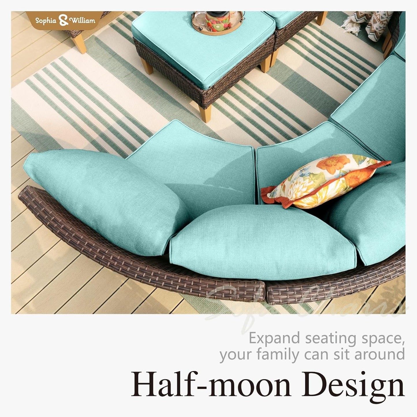 Sophia & William Outdoor Wicker Sectional Sofa Set, 8 Piece Half Moon Curved Patio Furniture Modern Round Outdoor Couch Conversation Set with Ottoman for Backyard, Pool, Garden(Aqua Blue)