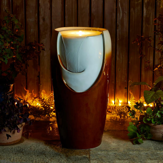 Glitzhome 29.25" H Oversized Ceramic Vase Outdoor Water Fountain, Tall Sand Beige Brown Glaze Patio Garden Water Fountain with LED Light and Submersible Pump for Garden Patio Balcony Yard Art Decor