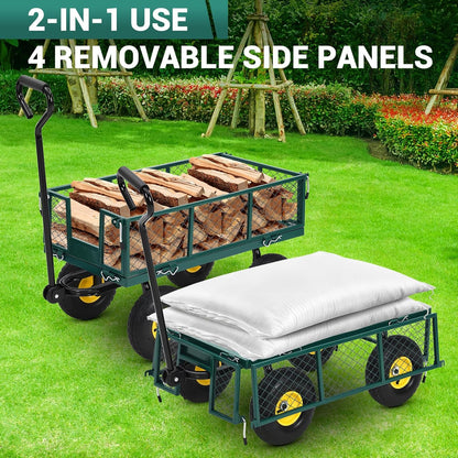 Heavy Duty Steel Garden Cart, 880LBS Pullable Metal Garden Wagon with 10" Wheels, 180° Rotating Handle and Removable Sides for Outdoor, Farm, Yard, Beach ﻿