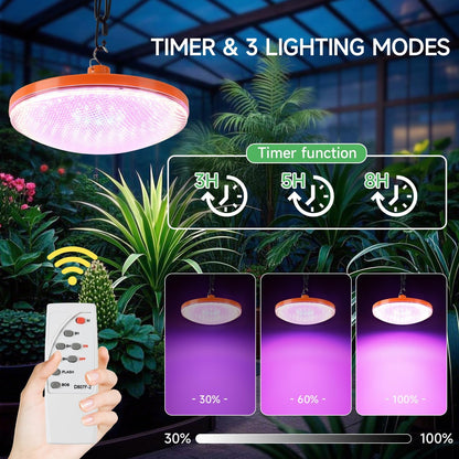 Solar Plant Grow Light Battery Powered, 96 LED Full Spectrum Hanging Grow Lights for Indoor Plants with Timer, Solar Pendant Growing Lamp for Greenhouse with Remote Control(14.7FT Cord)