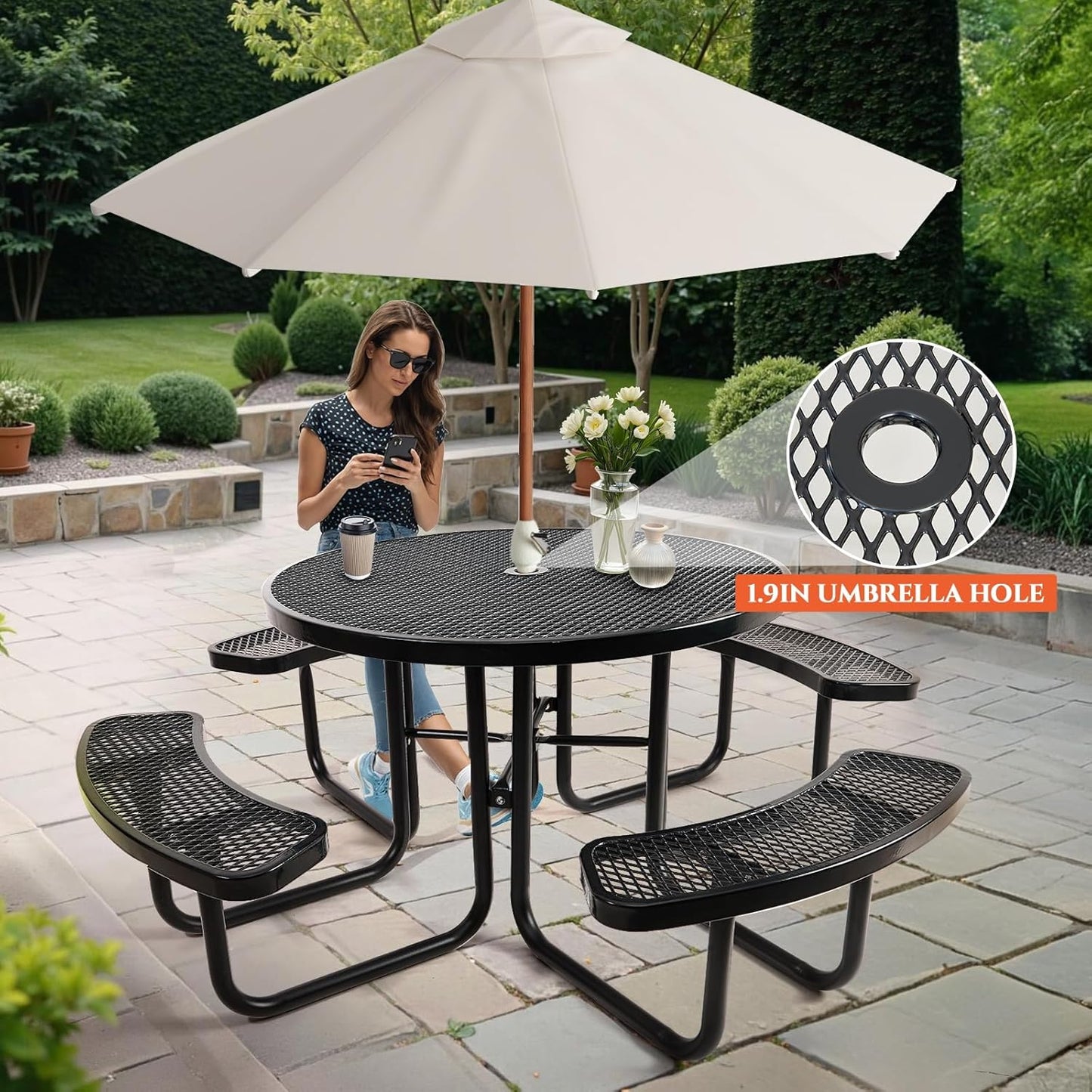 Heavy-Duty Park Bench or Table for Outside - Black Coated Outdoor Furniture Steel Bench, Commercial-Grade Outdoor Benches Weatherproof for Park, Patio, Porch (Black, 46” (Rd. Table))