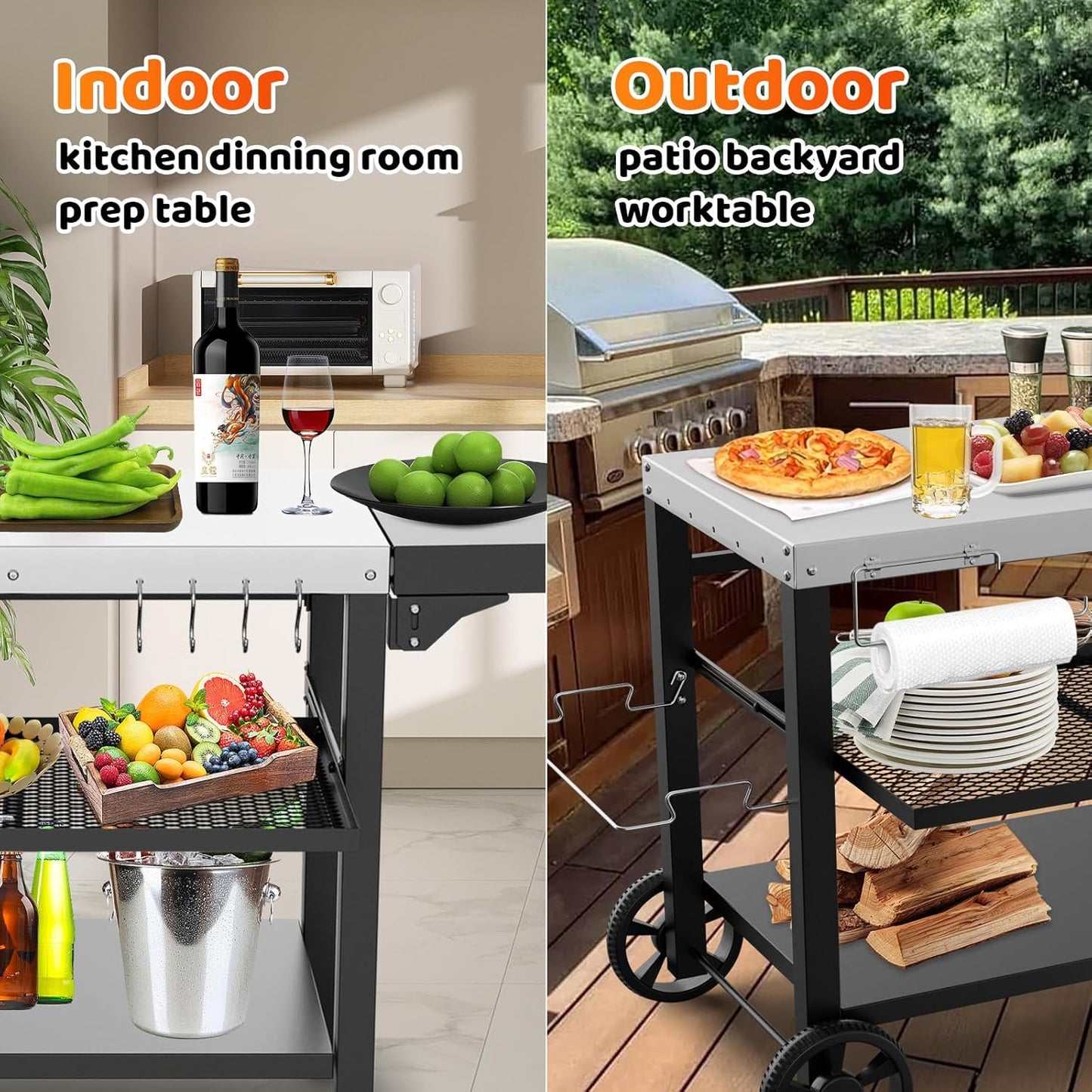 Outdoor Kitchen Island, Grill Table Cart with Drawer, Pizza Oven Stand, Movable 3-Shelf Prep Table with Side Table for Ninja Woodfire, Ooni Pizza Oven, Blackstone Griddle, Cuisinart, Cooking Station