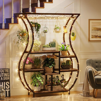 Tribesigns 6-Tier Plant Stand, 70.9 Inch Tall Plant Shelf with 10 Hanging Hooks, Vase Shape Ladder Plant Stand, Multi-Purpose Plant Display Rack for Indoor, Balcony, Living Room, Brown and Black