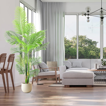 Artificial Fake Palm Tree 7FT 1Pack with White Planter & Free Moss, UV Resistant Artificial Palm Tree for Outdoors, Fake Plants for Poolside Home Room Decor, Faux Plants Outdoor Decor