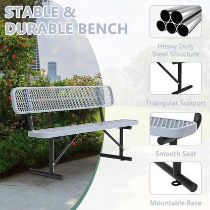 6FT Benches for Outside, Heavy-Duty Outdoor Garden Bench W/Back, Metal Park Bench for Sitting Area, Commercial Bench for Patio Porch Backyard School Sports Church Locker Room Shopping Centers