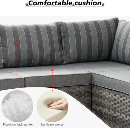 HOOOWOOO Modular Patio Outdoor Sectional Furniture Set,6 Piece Wicker Conversation Sofa Set,Out Door Couch Set with Wide Arm for Outside All Weather(Grey Stripes)