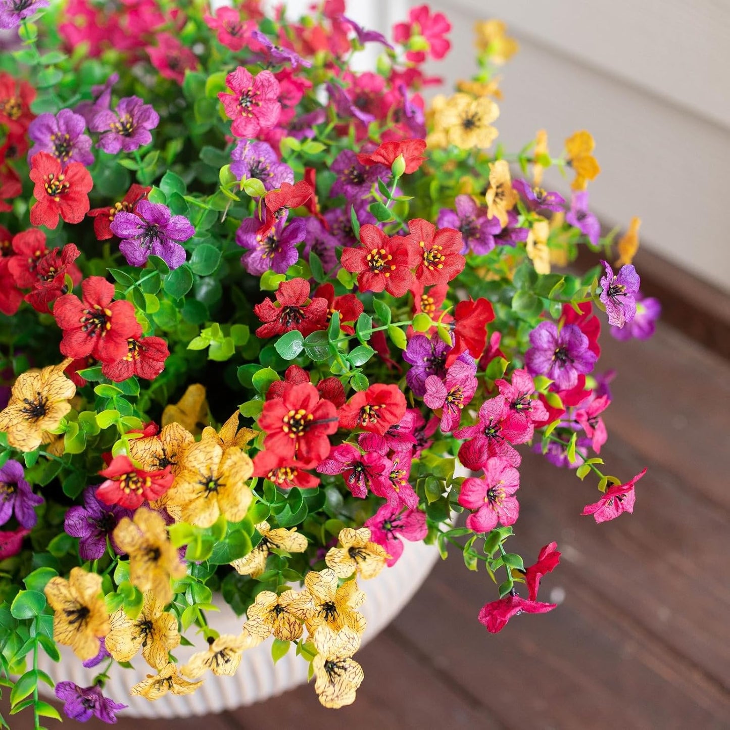 Artificial Flowers for Outdoor Indoor Garden Home Decoration, Faux Flower Daisy with Eucalyptus Leaves Fake Plants Greenery Boxwood Porch Patio, 12 Bundles (Mix Pink Red Purple Yellow)