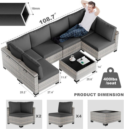 7-Piece Patio Furniture Set, Outdoor Sectional with Thick Cushions, Modular Patio Sofa, Dual-Strand Wicker Rattan, Rust-Resistant Frame, Backyard Furniture for Garden, Deck, Dark Black