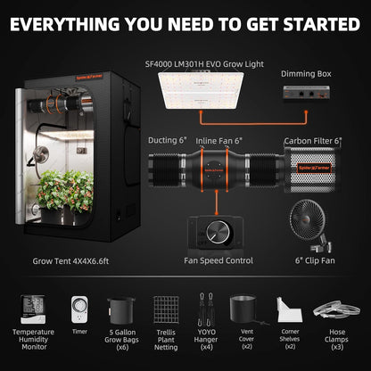 Spider Farmer Grow Tent Kit Complete 4x4ft SF4000 Dimmable Samsung LM301H EVO LED Diodes, 450W Complete System 4x4x6.6 Grow Tent Set 48"x48"x80" with 6" Ventilation System & 6'' Clip Fan