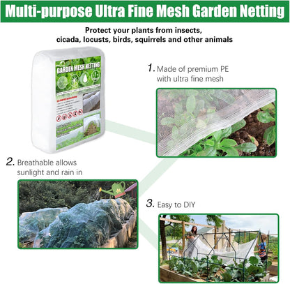 SnugNiture 3 Pack Garden Netting 8x25FT Ultra Fine Mesh Mosquito Netting Plant Covers, White Bird Netting Barrier Greenhouse Row Cover Protect Fruits Flower Vegetables from Birds Deer & Squirrels