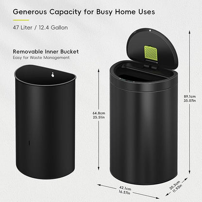 EKO Mirage Semi-Round 47L / 12.4 Gal Motion Sensor Trash Can, Automatic Kitchen Trash Bin with Deodorizer Compartment, Removable Lid & Inner Bucket, Stainless Steel Garbage Can, Matte Black