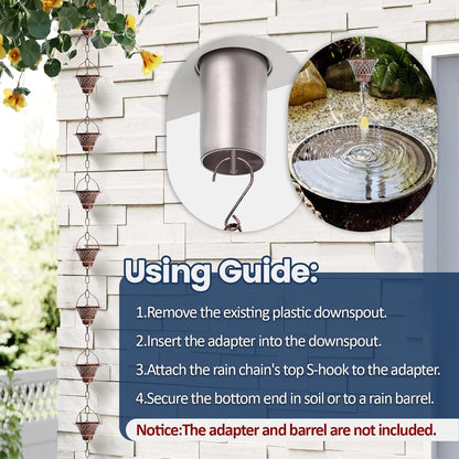 Rain Chains for Gutters, 8.5FT Durable Copper Rain Catcher Chain with 12 Cups, Decorative Replacement Downspout Rain Chain for Eaves Drainage