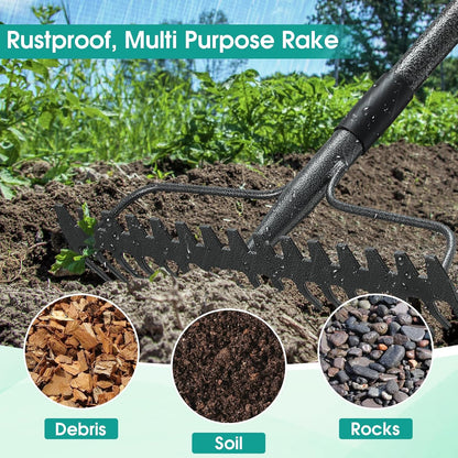 Garden Rake:63 Inch Metal Garden Leaf Rake with 17 Tines, Heavy Duty Bow Rakes for Lawn Yard Leaves Debris Mulch Gravel Thatch Clean,Lawn Care Gardening Landscaping